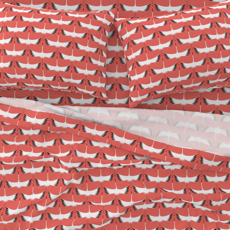 Whooping Crane Migration - Living Coral - 6"Fabric, 12" wallpaper