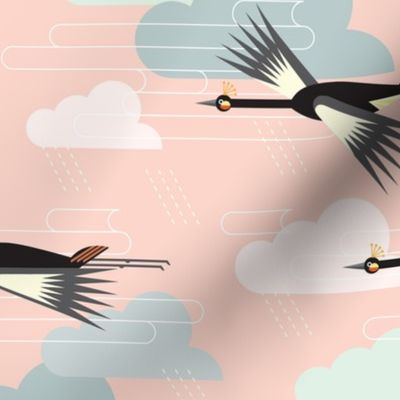 Crowned Crane Migration in  Morning Peach