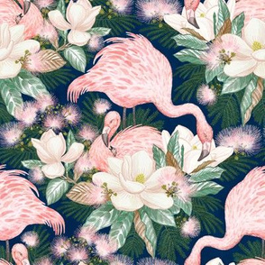 Flamingos Nesting in Magnolias (navy) 8"