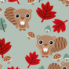 Little adorable baby beaver and maple leaves canada woodland theme winter sage green red
