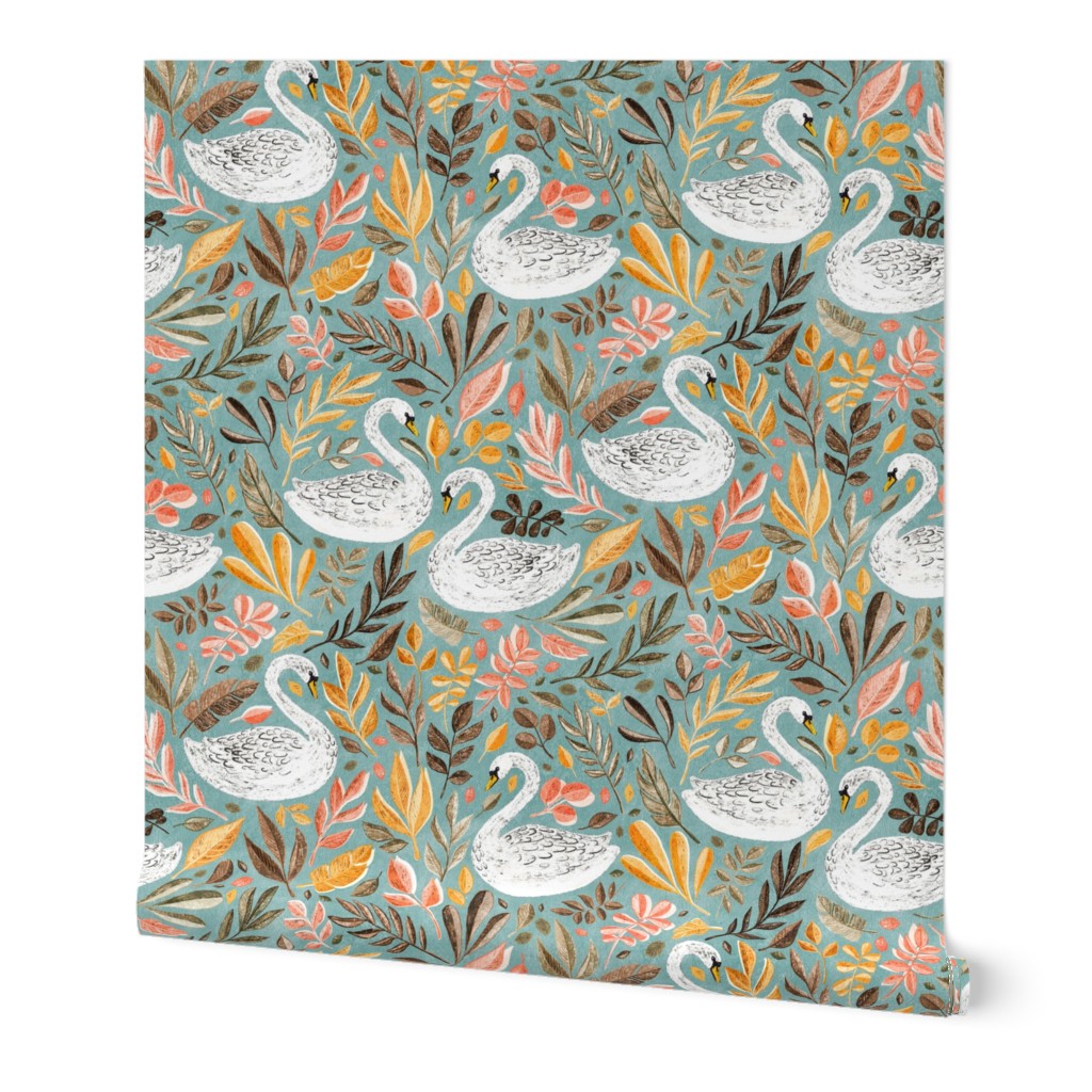 Whimsical White Swans with Autumn Leaves on Sage - large