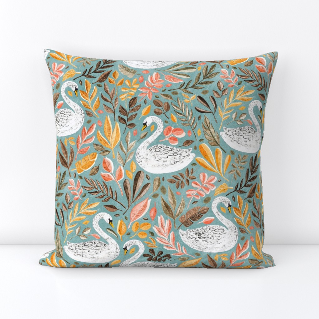 Whimsical White Swans with Autumn Leaves on Sage - large