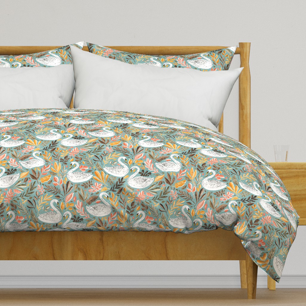 Whimsical White Swans with Autumn Leaves on Sage - large