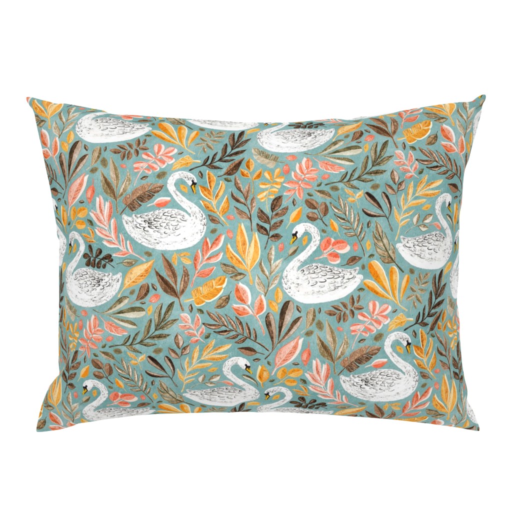 Whimsical White Swans with Autumn Leaves on Sage - large
