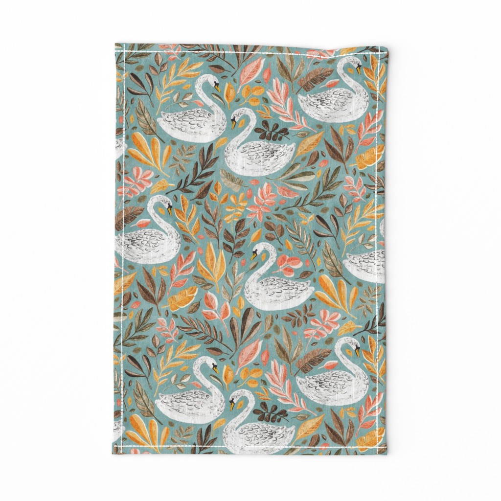 Whimsical White Swans with Autumn Leaves on Sage - large