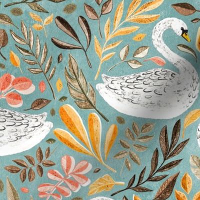 Whimsical White Swans with Autumn Leaves on Sage - large