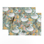 Whimsical White Swans with Autumn Leaves on Sage - large