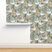 Whimsical White Swans with Autumn Leaves on Sage - large