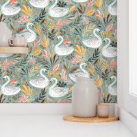 Whimsical White Swans with Autumn Leaves on Sage - large