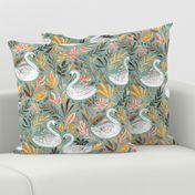 Whimsical White Swans with Autumn Leaves on Sage - large