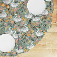 Whimsical White Swans with Autumn Leaves on Sage - large