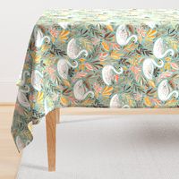 Whimsical White Swans with Autumn Leaves on Sage - large