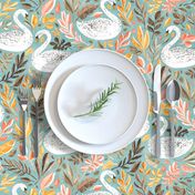 Whimsical White Swans with Autumn Leaves on Sage - large