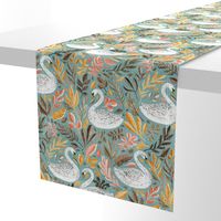 Whimsical White Swans with Autumn Leaves on Sage - large