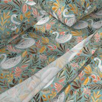 Whimsical White Swans with Autumn Leaves on Sage - large