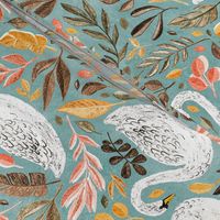 Whimsical White Swans with Autumn Leaves on Sage - large