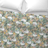 Whimsical White Swans with Autumn Leaves on Sage - large