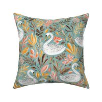 Whimsical White Swans with Autumn Leaves on Sage - large