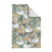 Whimsical White Swans with Autumn Leaves on Sage - large