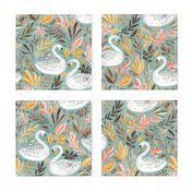 Whimsical White Swans with Autumn Leaves on Sage - large