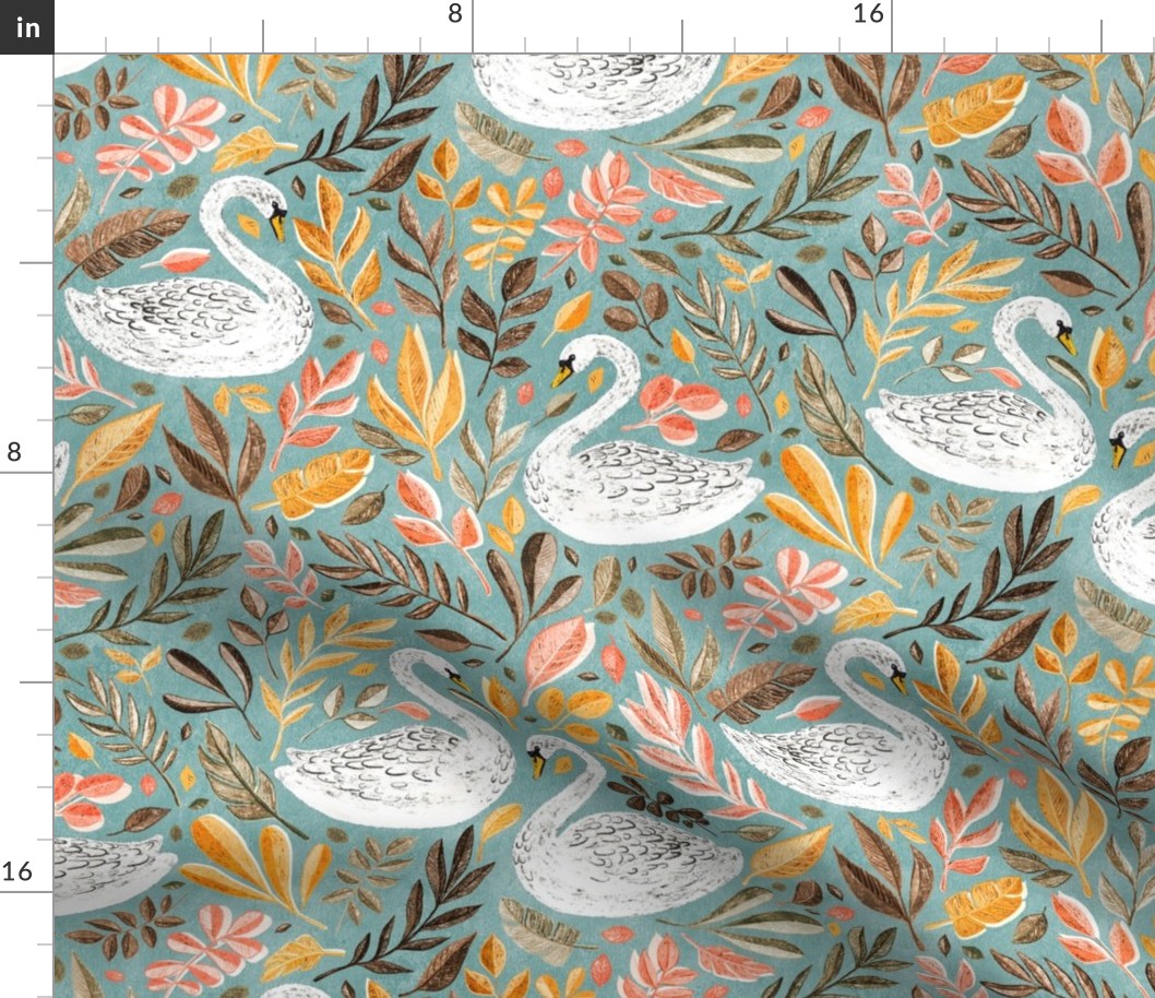 Whimsical White Swans with Autumn Leaves on Sage - large