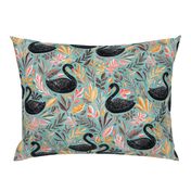 Bonny Black Swans with Autumn Leaves on Sage - large