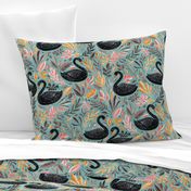 Bonny Black Swans with Autumn Leaves on Sage - large