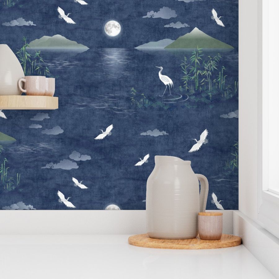 Moonrise with Cranes and Bamboo (xl scale) | Night sky, moon fabric, bird fabric, seascape with mountains, cloud fabric, water fabric, lake scene.