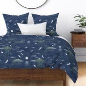 Moonrise with Cranes and Bamboo (xl scale) | Night sky, moon fabric, bird fabric, seascape with mountains, cloud fabric, water fabric, lake scene.