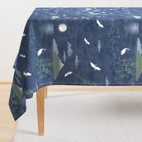 Moonrise with Cranes and Bamboo (xl scale) | Night sky, moon fabric, bird fabric, seascape with mountains, cloud fabric, water fabric, lake scene.