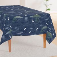 Moonrise with Cranes and Bamboo (xl scale) | Night sky, moon fabric, bird fabric, seascape with mountains, cloud fabric, water fabric, lake scene.