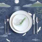 Moonrise with Cranes and Bamboo (xl scale) | Night sky, moon fabric, bird fabric, seascape with mountains, cloud fabric, water fabric, lake scene.