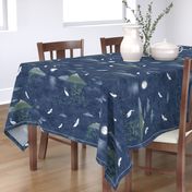 Moonrise with Cranes and Bamboo (xl scale) | Night sky, moon fabric, bird fabric, seascape with mountains, cloud fabric, water fabric, lake scene.