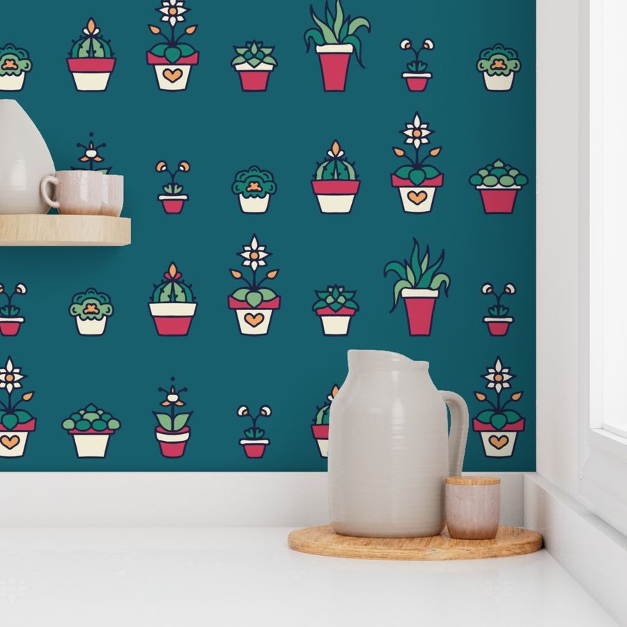 Cartoon Hand Drawn Window Sill Florals Wallpaper | Spoonflower