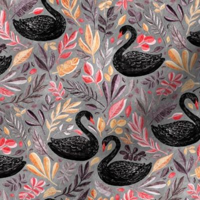 Bonny Black Swans with Autumn Leaves on Grey - medium