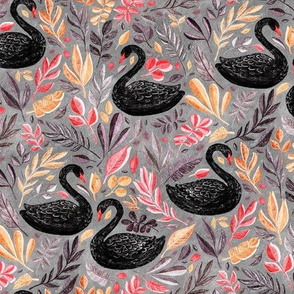 Bonny Black Swans with Autumn Leaves on Grey - medium