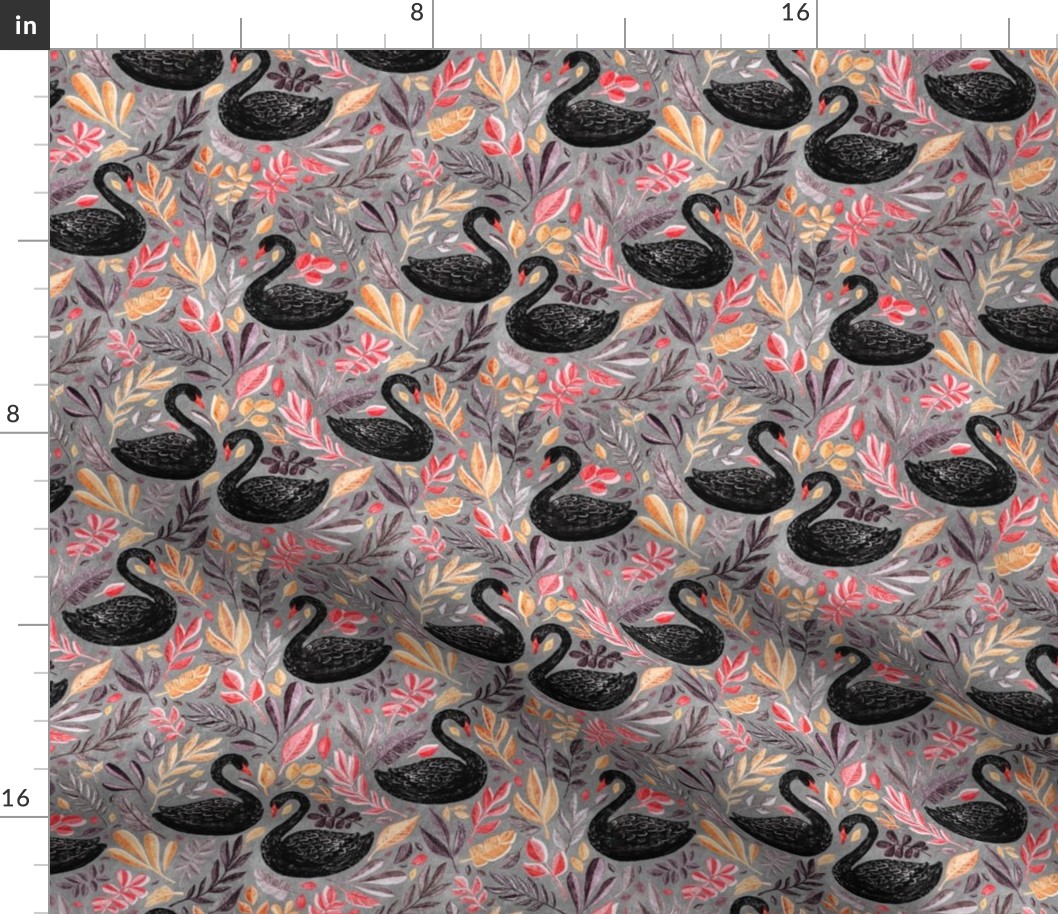 Bonny Black Swans with Autumn Leaves on Grey - medium