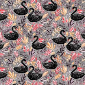 Bonny Black Swans with Autumn Leaves on Grey - small