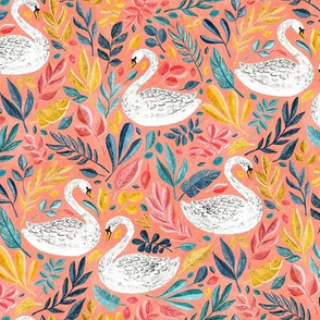 Whimsical White Swans with Lots of Leaves on Coral - medium