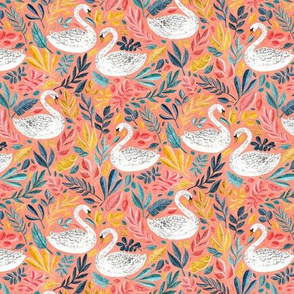 Whimsical White Swans with Lots of Leaves on Coral - small