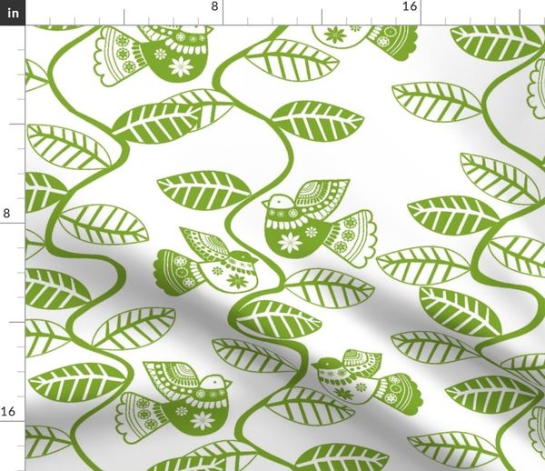 Fabric By The Yard Oiseau Feuille Vert Fond Blanc