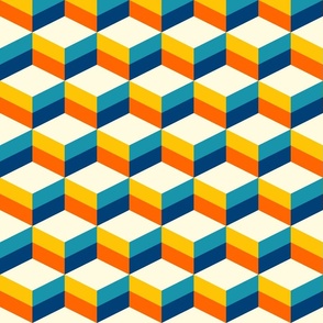 Retro boho 3D cubes blue orange large Wallpaper