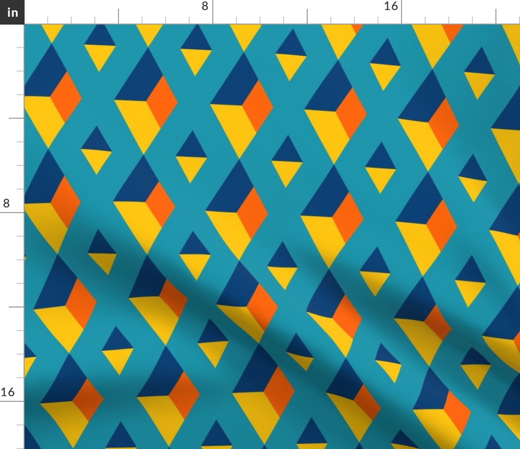 Retro 3D diamonds geometric wall teal orange