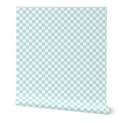 1" checkerboard fabric - skate surf 90s retro design - light blue