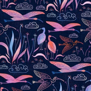 large birds - ibises on midnight blue - large scale / scarlet ibises midnight blue