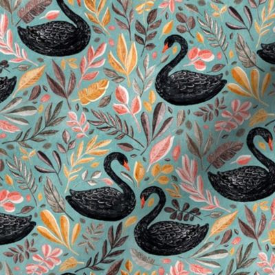 Bonny Black Swans with Autumn Leaves on Sage - medium