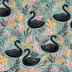 Bonny Black Swans with Autumn Leaves on Sage - medium