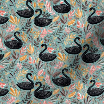 Bonny Black Swans with Autumn Leaves on Sage - small