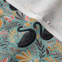 Bonny Black Swans with Autumn Leaves on Sage - small