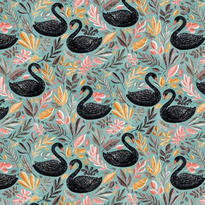 Bonny Black Swans with Autumn Leaves on Sage - small